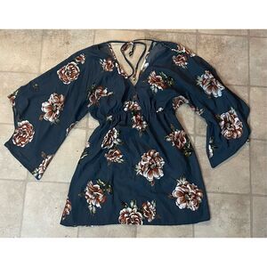 Promesa Small Dress Slate Gray Blue Floral V Neck